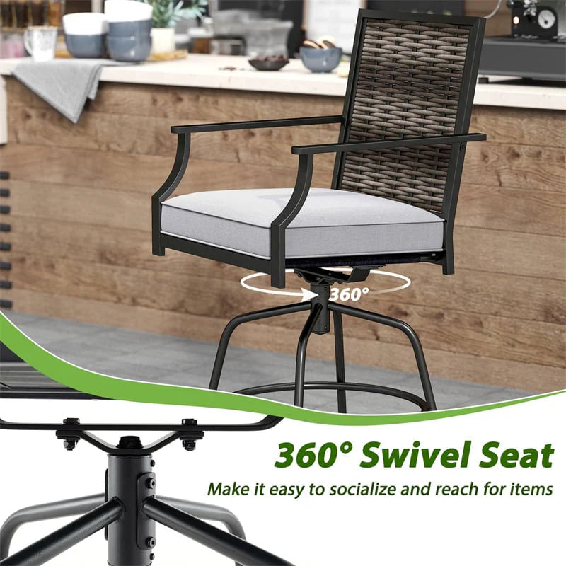 Outdoor PE Wicker Swivel Bar Stools Set of 2, Metal Frame Counter Height Patio Chairs with Back & Cushions - Product image 5