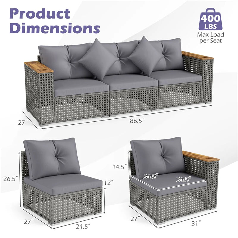 86.5" 3-Seat Patio Wicker Sofa, 3PCS Modular PE Rattan Sectional Furniture Set with Cup Holders & Wood - Product image 5