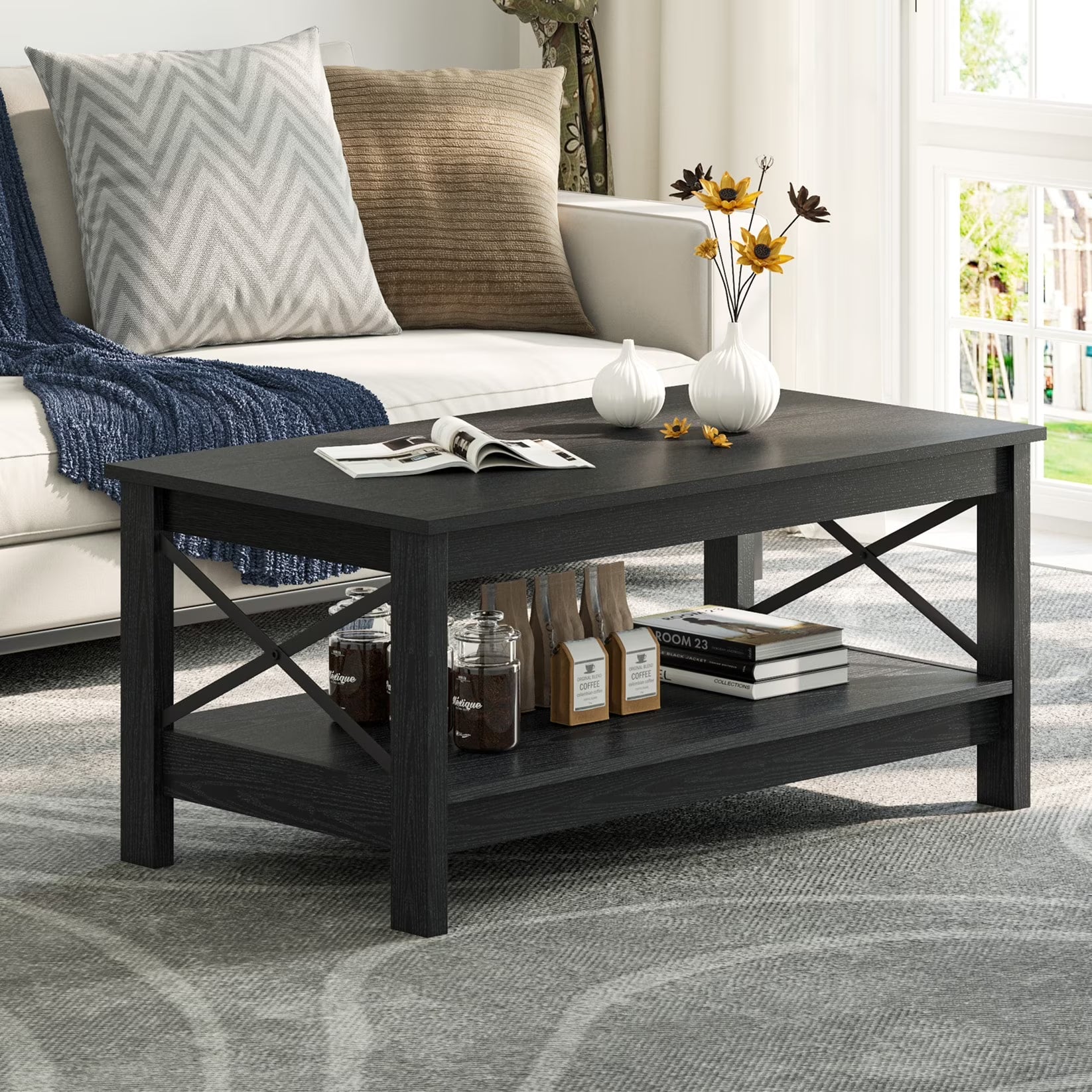 Moasis Farmhouse Coffee Table with Storage 2 - Tier Center Table for Living Room Grey Wash Top+White - Product image 5
