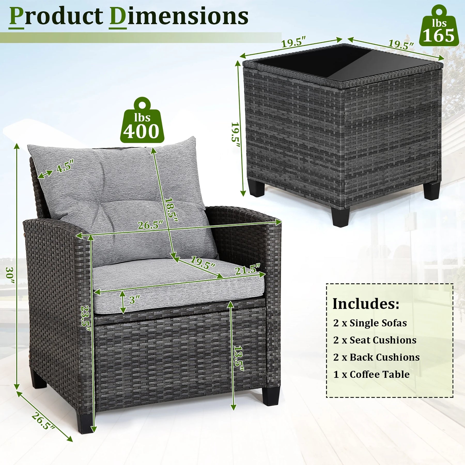 Gymax 3PCS Patio Rattan Sofa Set Outdoor Wicker Conversation Set Glass Tabletop W/ Grey Cushion - Product image 3