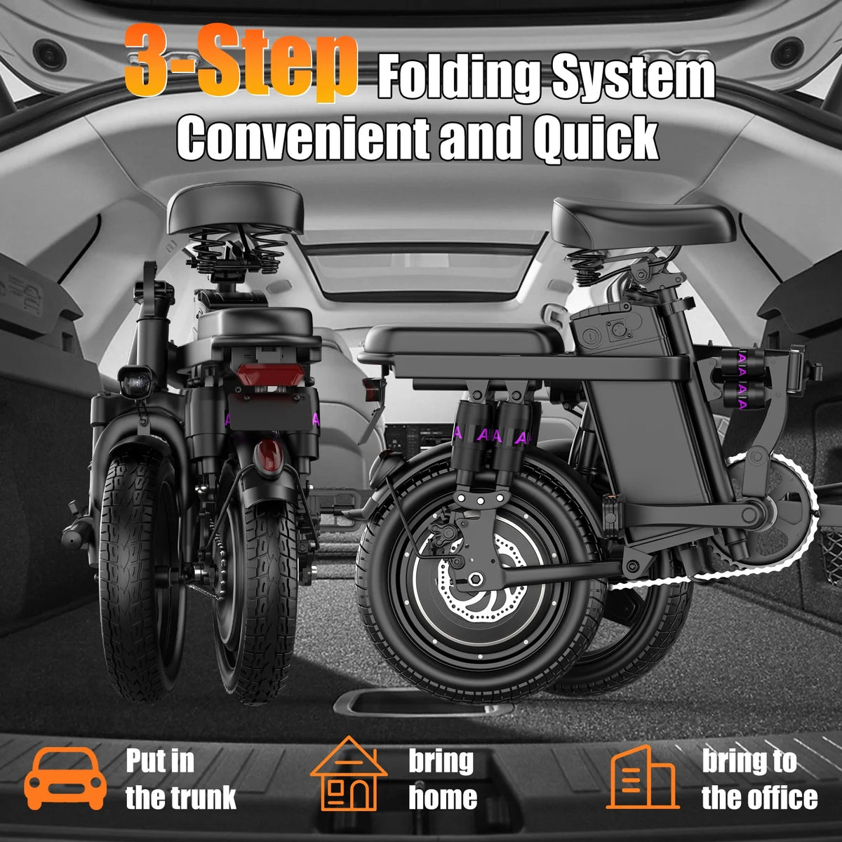 AZHAR 1200W Foldable Electric Bike for Adults, 48V 15ah Removable Battery, 14" Ebike, UL 2849 - Product image 5