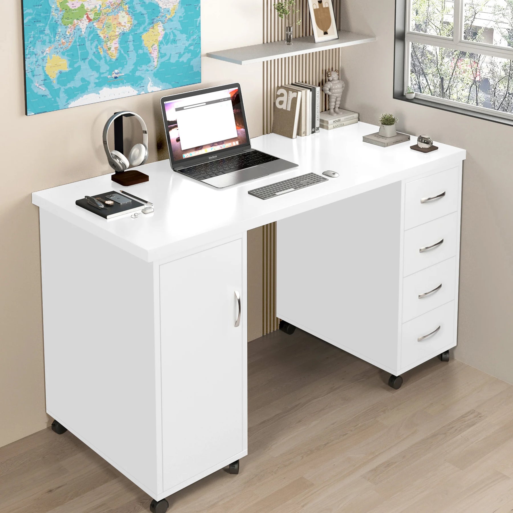 Sesslife White Computer Desk, Writing Desk with Lockable Wheels???modern Wood Study Desk with 4 Drawers for - Product image 2