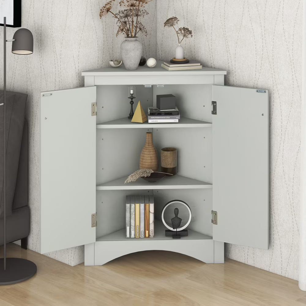 Home Floor Corner Cabinet with Adjustable Shelves and Two Doors, Triangle Bathroom Storage Cabinet - Product image 5