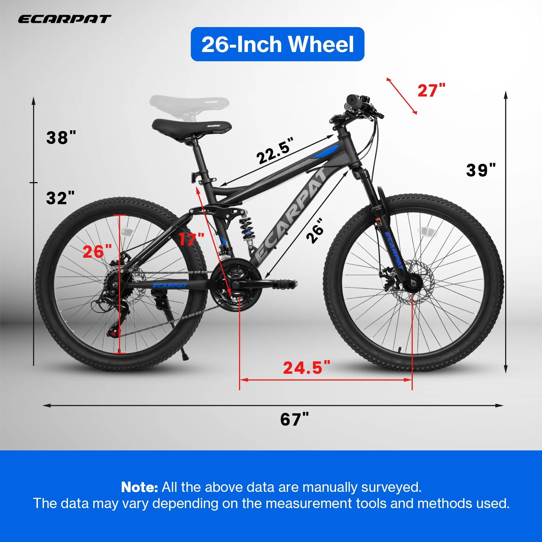 Ecarpat 26 in Mountain Bike, 21 - Speed Bike with Dual Suspension, High - Carbon Steel Frame and Disc Brakes, MTB Commuter Bicycles for Men Women, Black - Blue