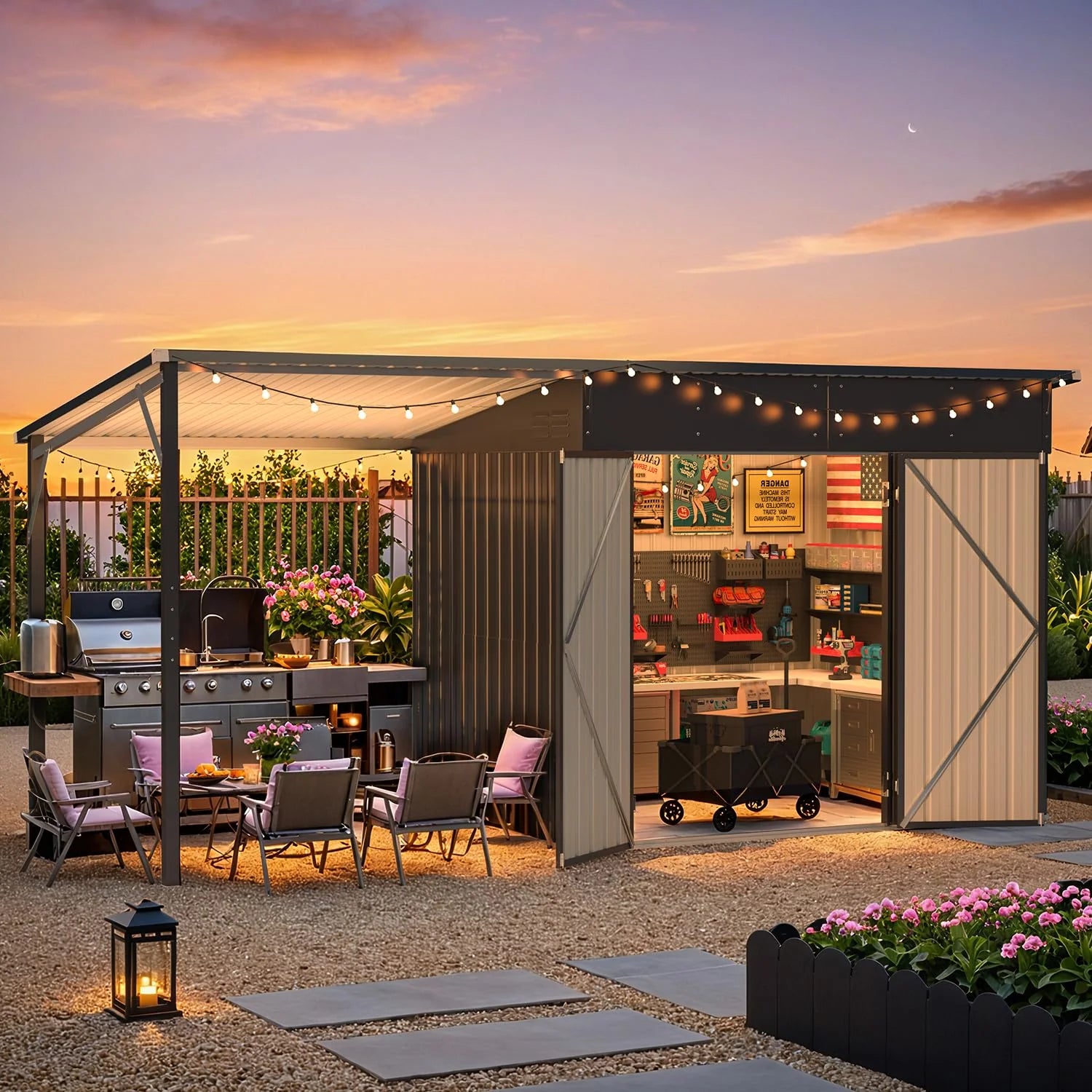 AECOJOY 6'x14' Outdoor Open-Sided Storage Shed with Attached Hardtop Metal Pergola - Product image 8