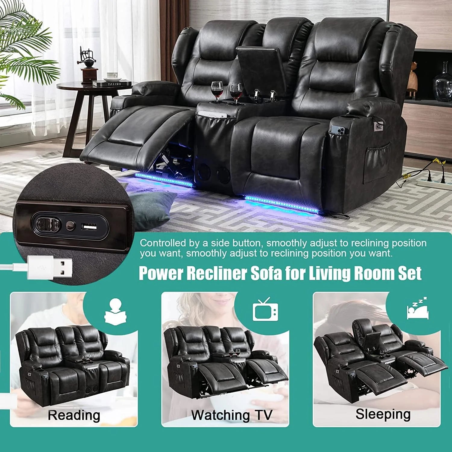 IPKIG Electric Home Theater Seating - Power Recline Chair Loveseat RV Sofa with Console - Product image 6