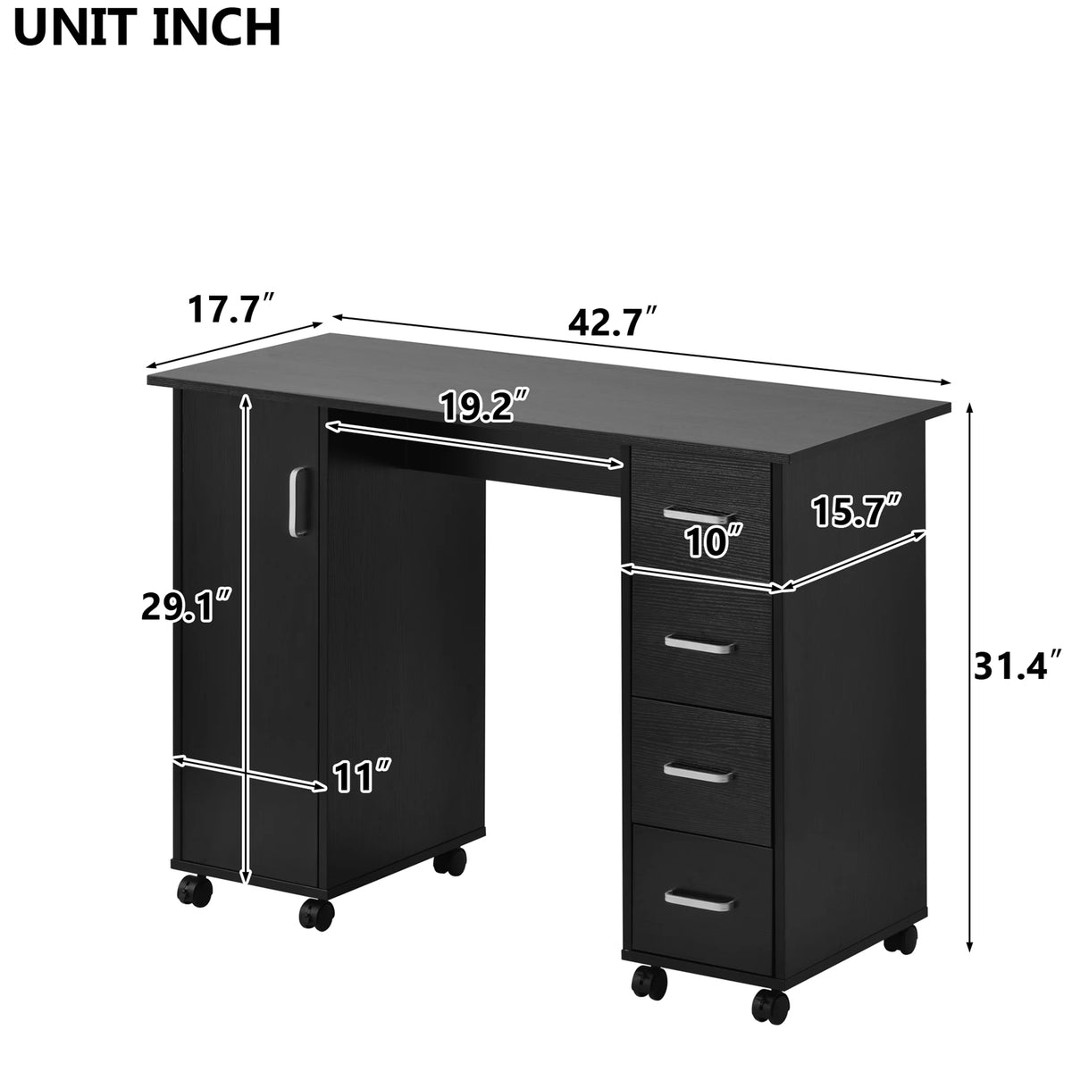 Sesslife White Computer Desk, Writing Desk with Lockable Wheels???modern Wood Study Desk with 4 Drawers - Product image 20