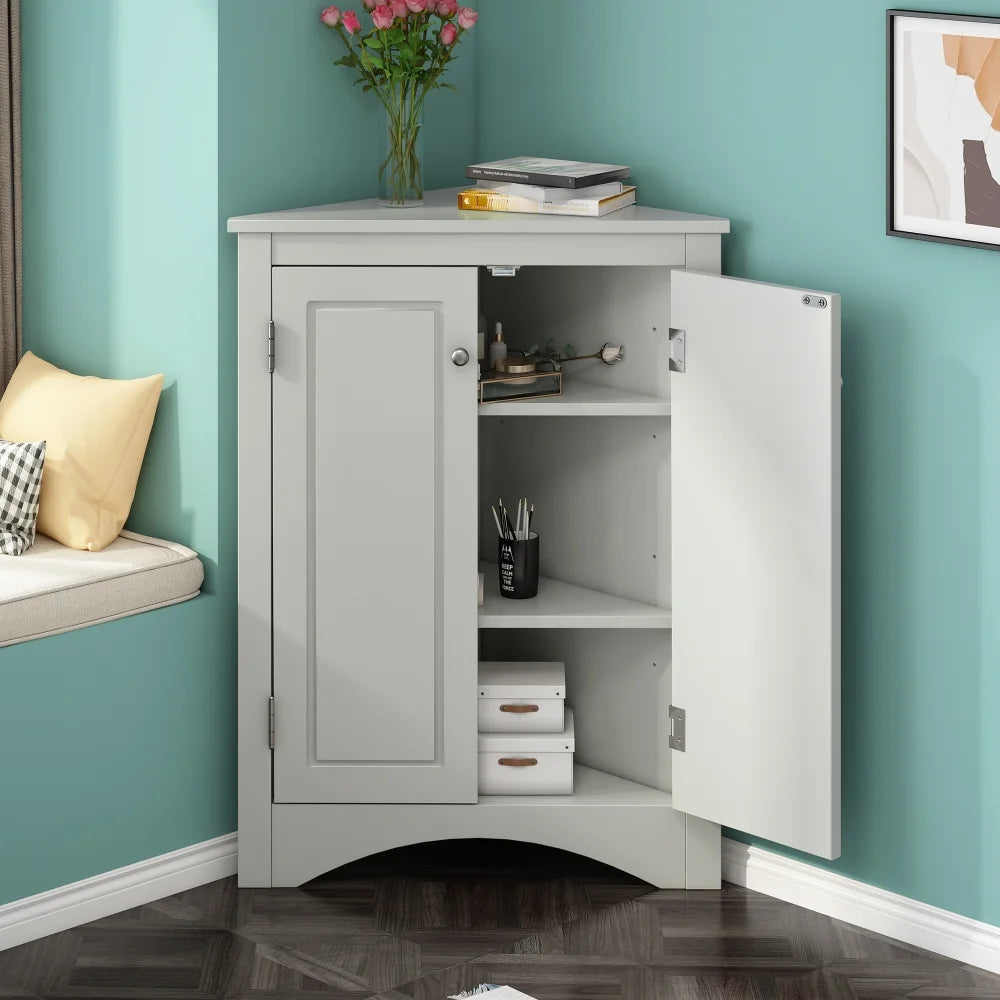 Home Floor Corner Cabinet with Adjustable Shelves and Two Doors, Triangle Bathroom Storage Cabinet - Product image 17
