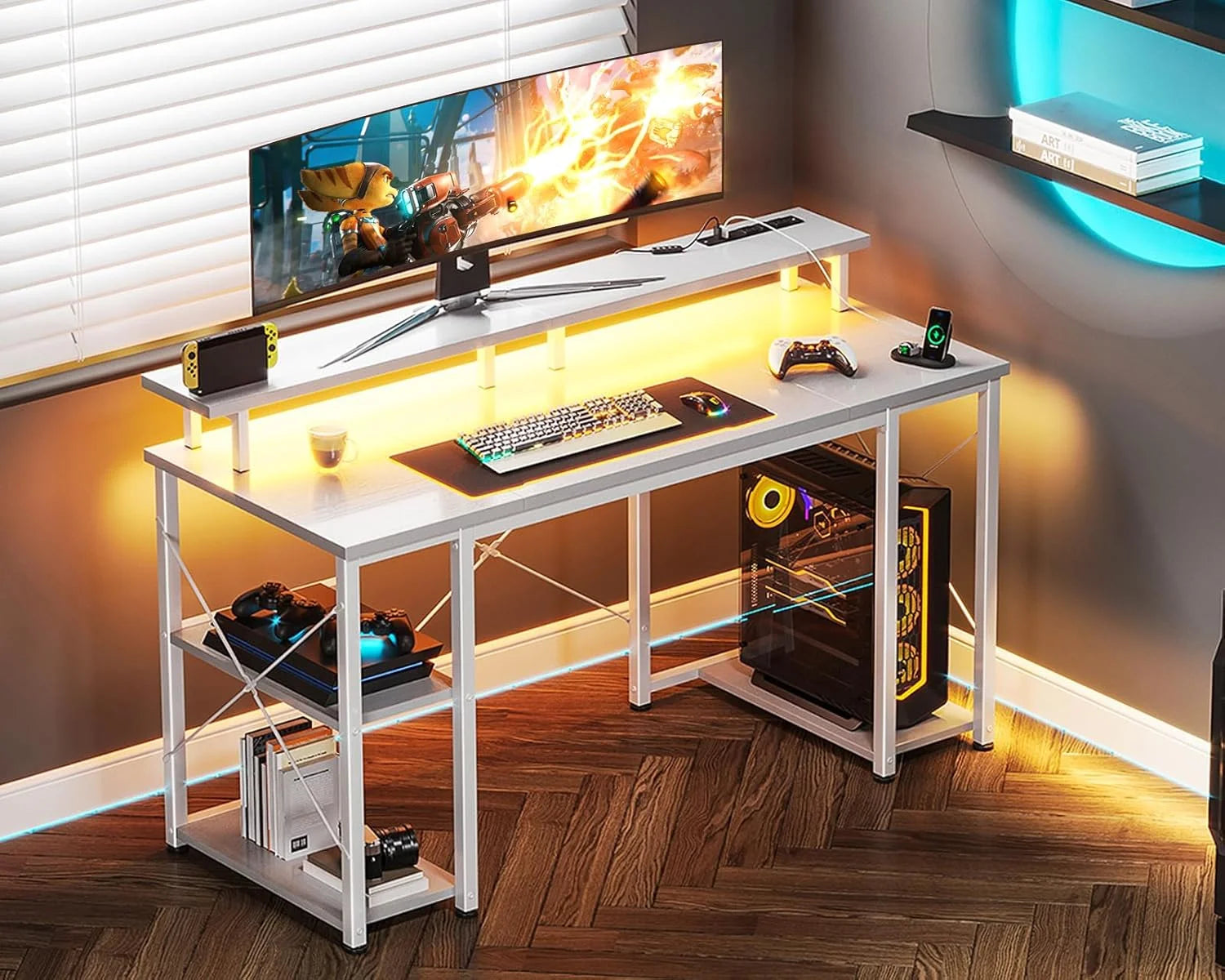 ODK 48 in Gaming Desk with LED Lights & Power Outlets, Computer Desk with Monitor Stand & Storage Shelves - Product image 2