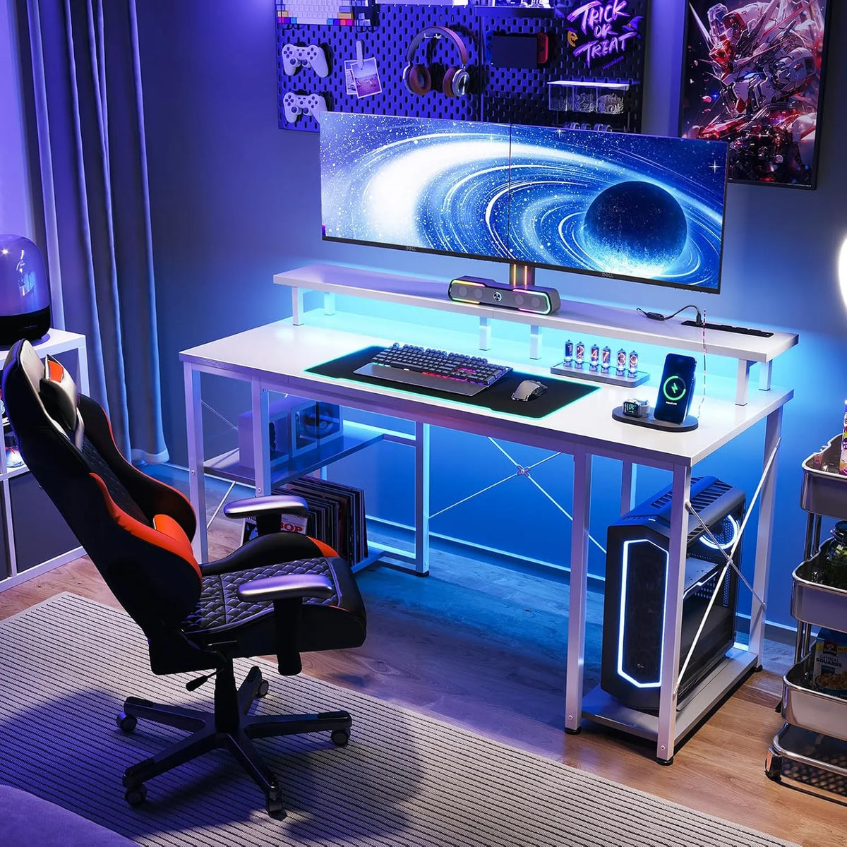ODK 48 in Gaming Desk with LED Lights & Power Outlets, Computer Desk with Monitor Stand & Storage Shelves - Product image 6