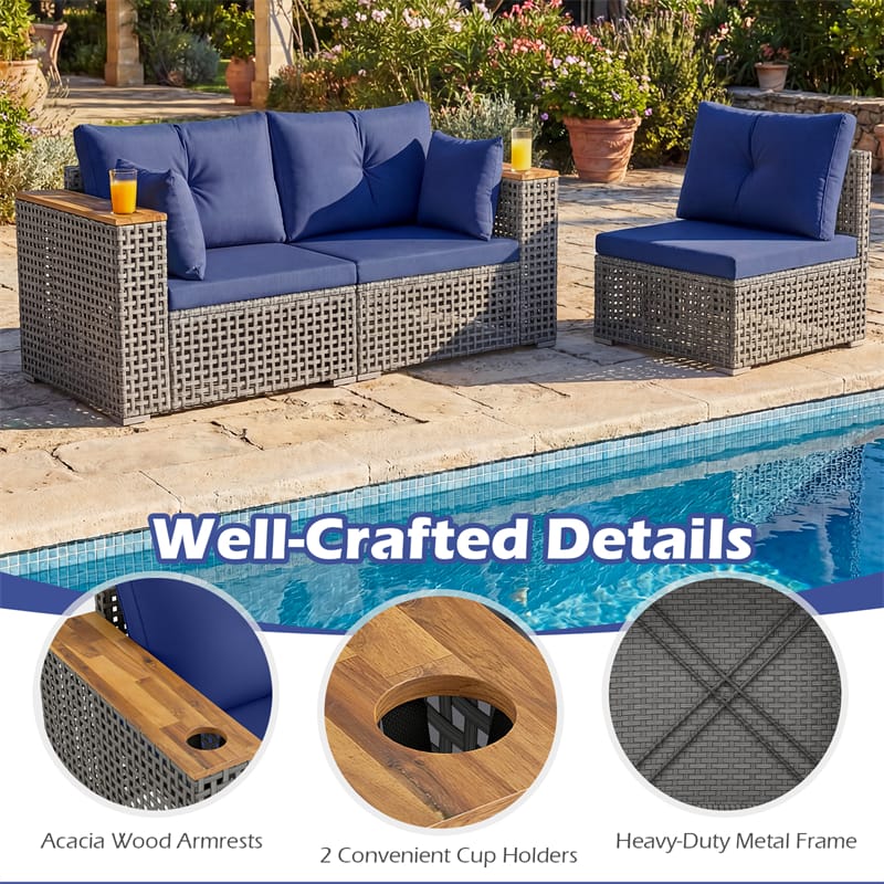 86.5" 3-Seat Patio Wicker Sofa, 3PCS Modular PE Rattan Sectional Furniture Set with Cup Holders & Wood - Product image 29