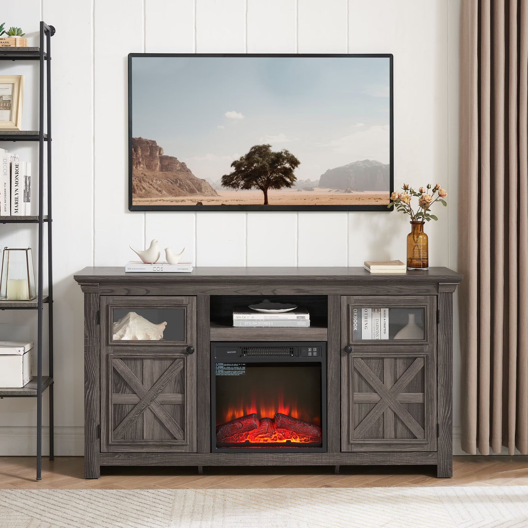 60" Farmhouse Fireplace TV Stand for Tvs up to 70 in, Entertainment Center with 18" Electric Fireplace - Product image 3