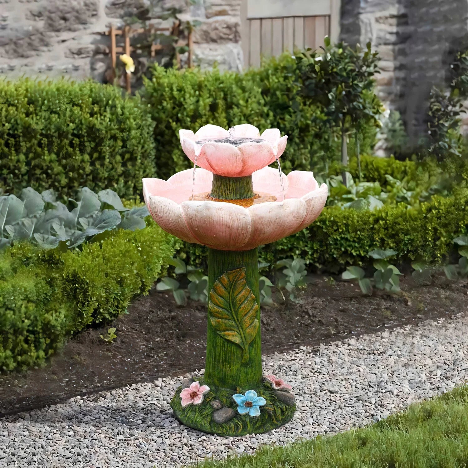 Luxenhome Solar Powered Pink Flower 2 - Tier Resin Birdbath Fountain with Lights - Product image 2