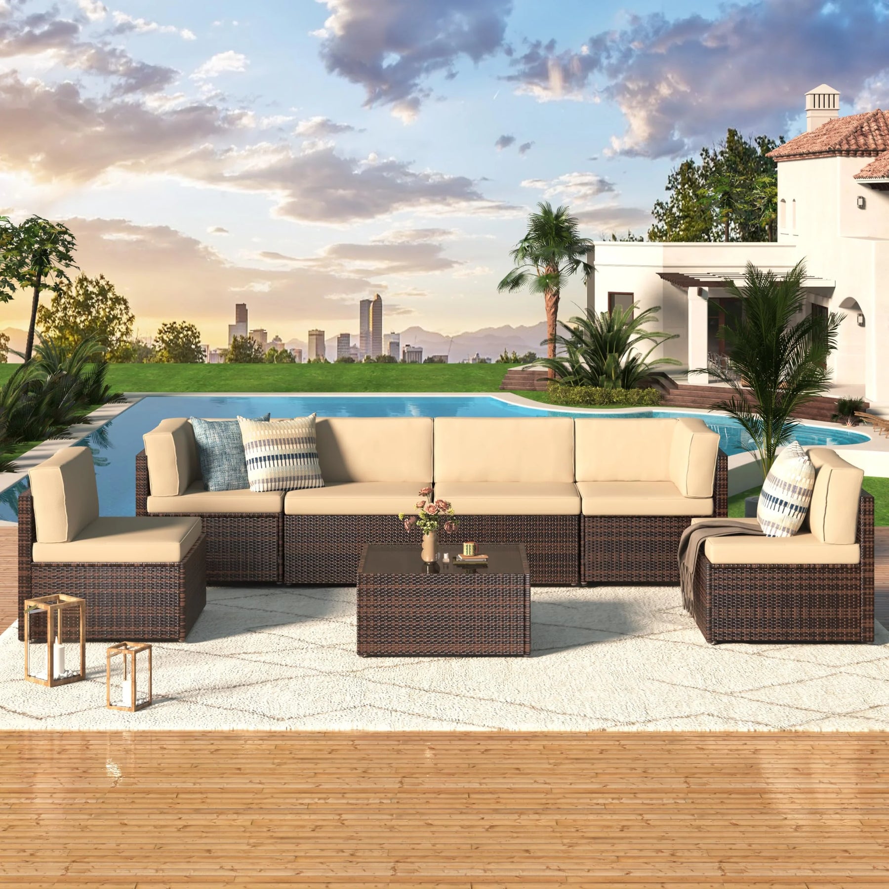 AECOJOY 7 Piece Outdoor Patio Furniture Set with Waterproof Cover, Brown & Beige