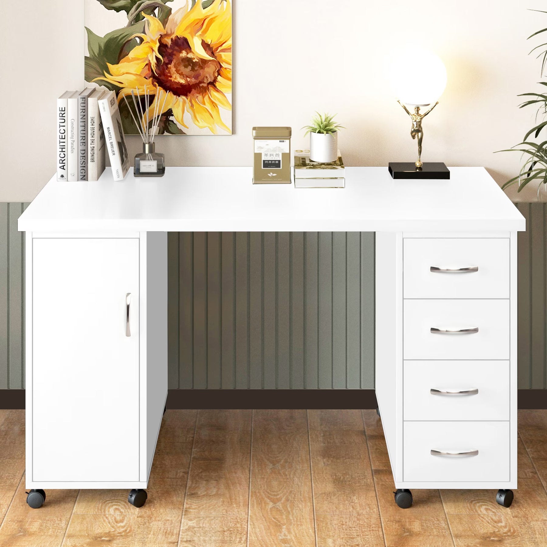 Sesslife White Computer Desk, Writing Desk with Lockable Wheels???modern Wood Study Desk with 4 Drawers for - Product image 1