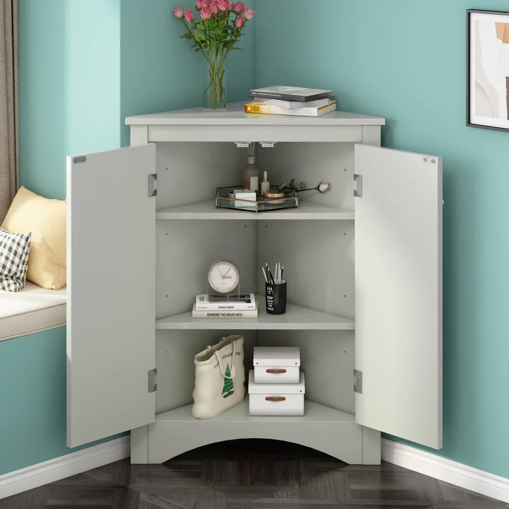 Home Floor Corner Cabinet with Adjustable Shelves and Two Doors, Triangle Bathroom Storage Cabinet - Product image 18