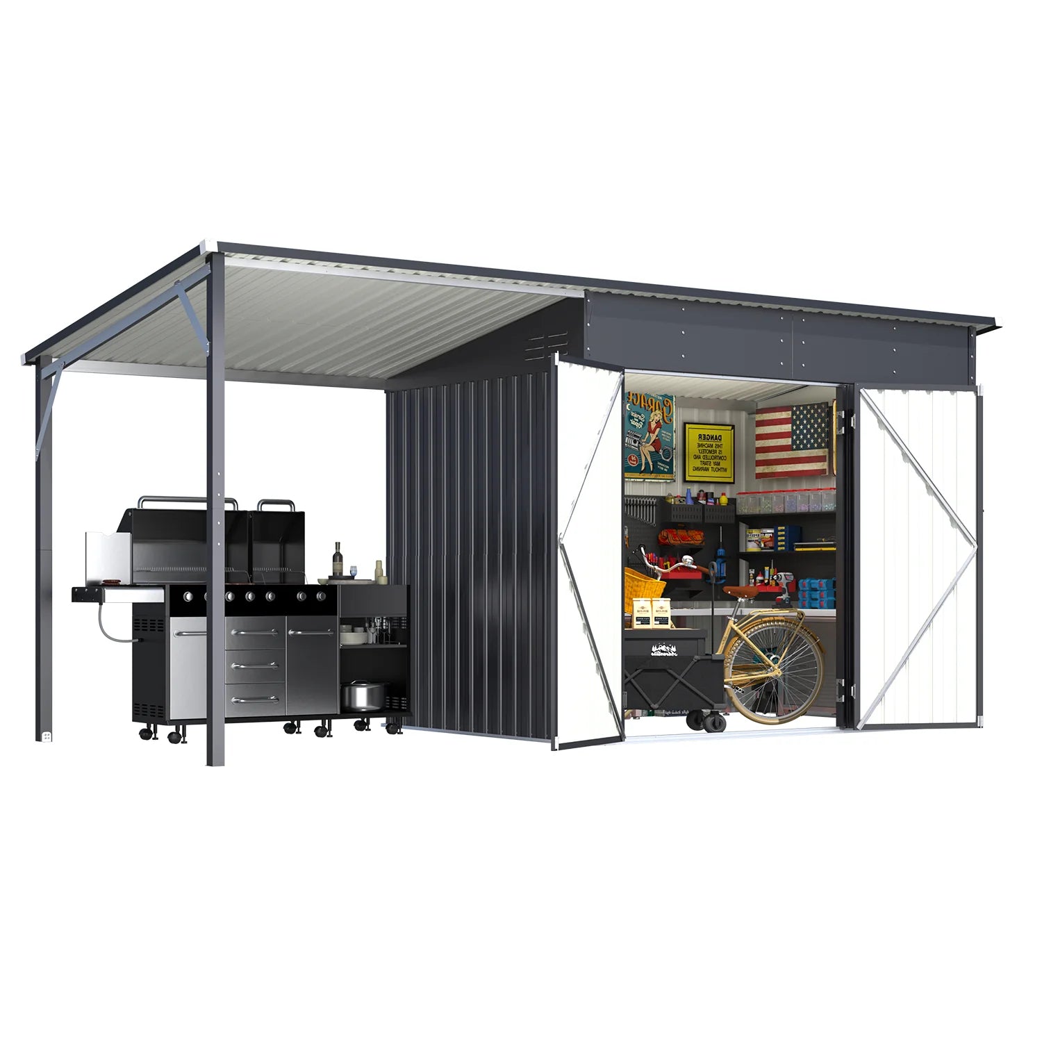 AECOJOY 6'x14' Outdoor Open-Sided Storage Shed with Attached Hardtop Metal Pergola - Product image 1