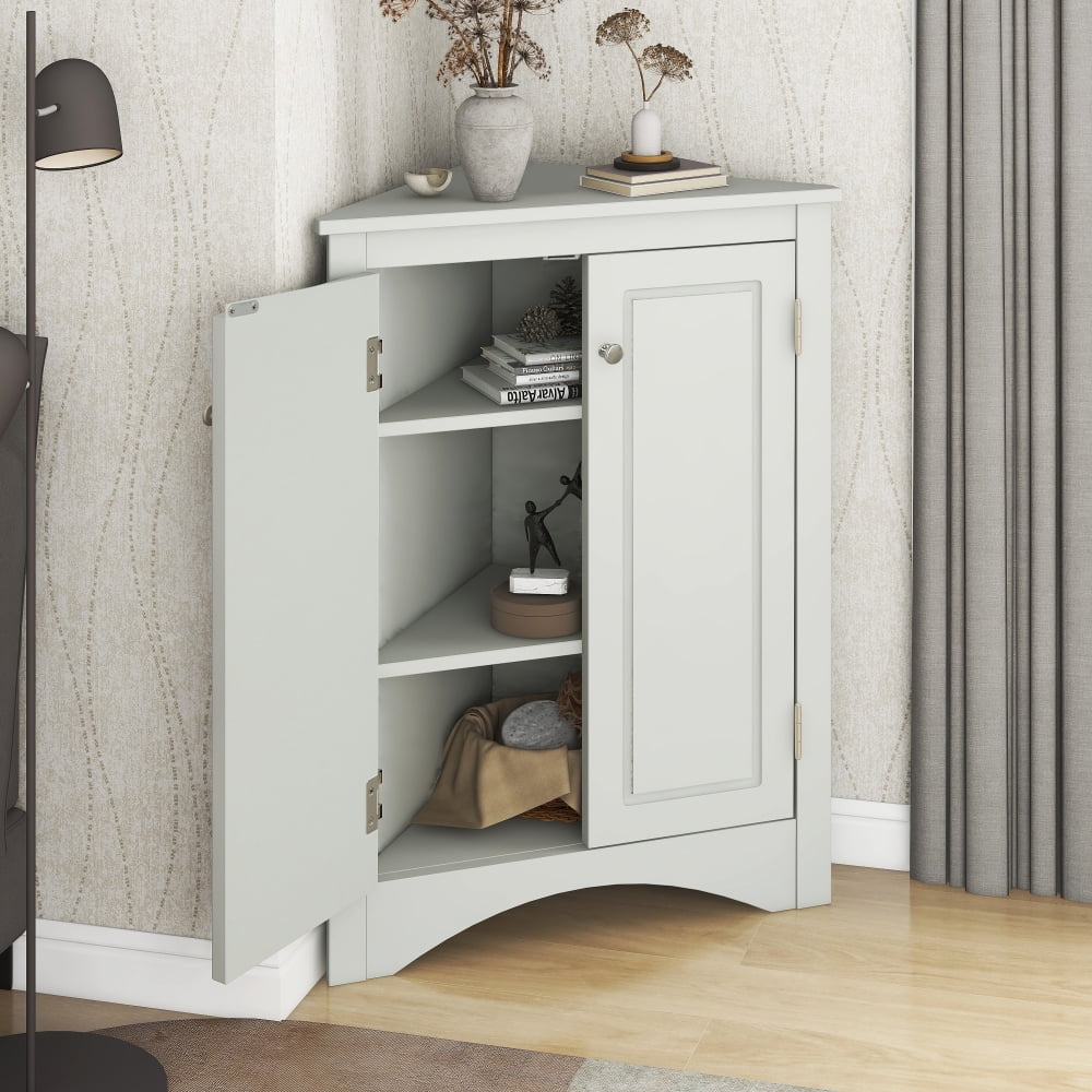 Home Floor Corner Cabinet with Adjustable Shelves and Two Doors, Triangle Bathroom Storage Cabinet - Product image 16