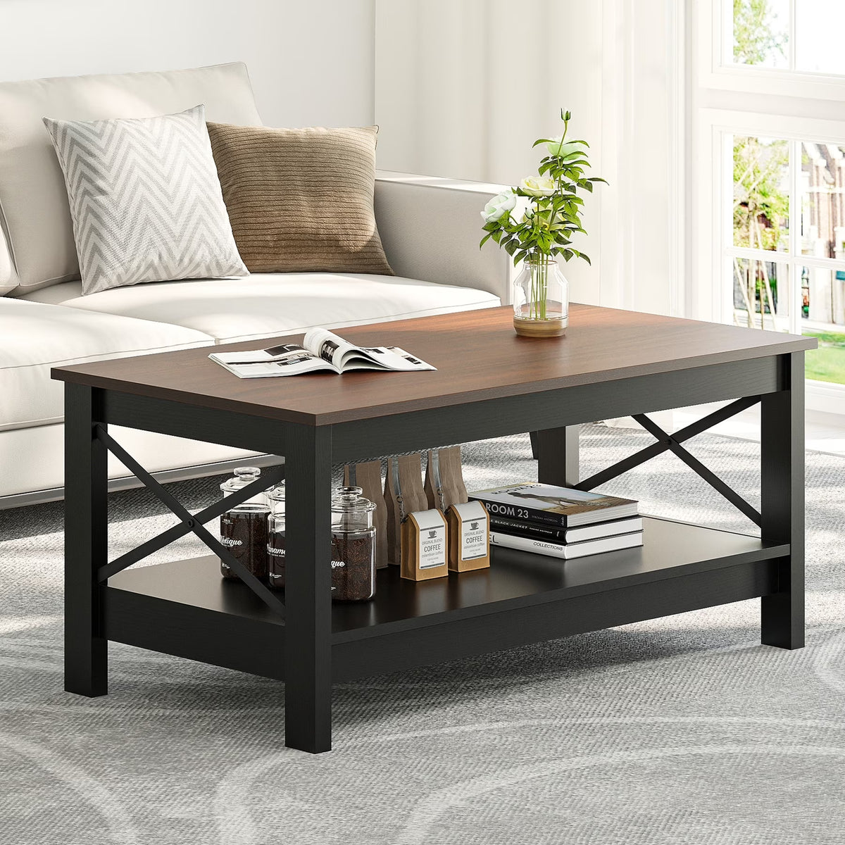 Moasis Farmhouse Coffee Table with Storage 2 - Tier Center Table for Living Room Grey Wash Top+White - Product image 3