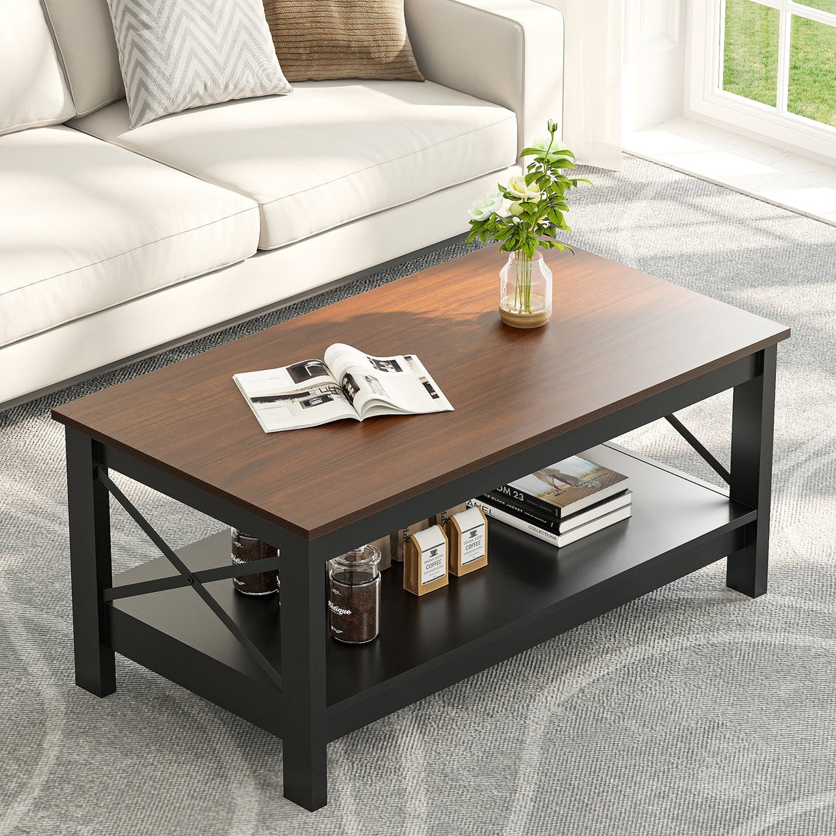 Moasis Farmhouse Coffee Table with Storage 2 - Tier Center Table for Living Room Grey Wash Top+White - Product image 8
